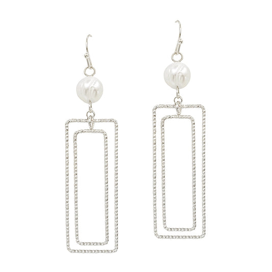 Silver Freshwater Pearl with Open Rectangle Earring