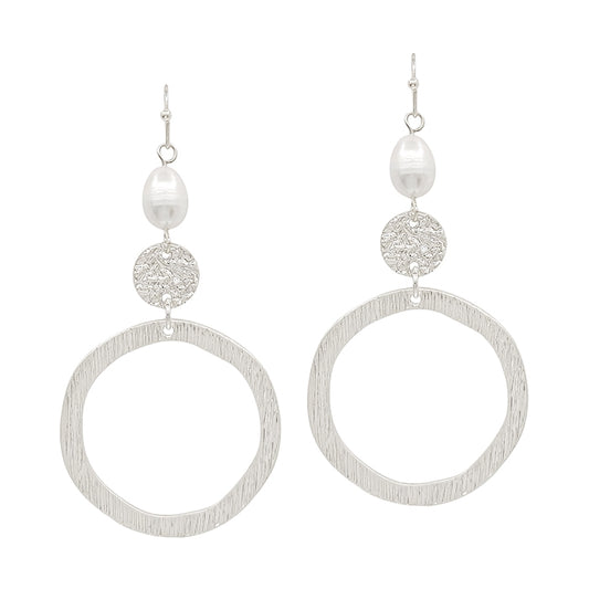 Silver Open Circle with Pearl Drop 2" Earring