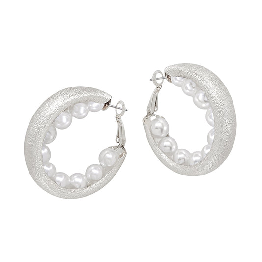 Satin Silver Hoop with Pearls Lined Earring