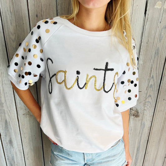 Saints Sequin Bubble Sleeve-white