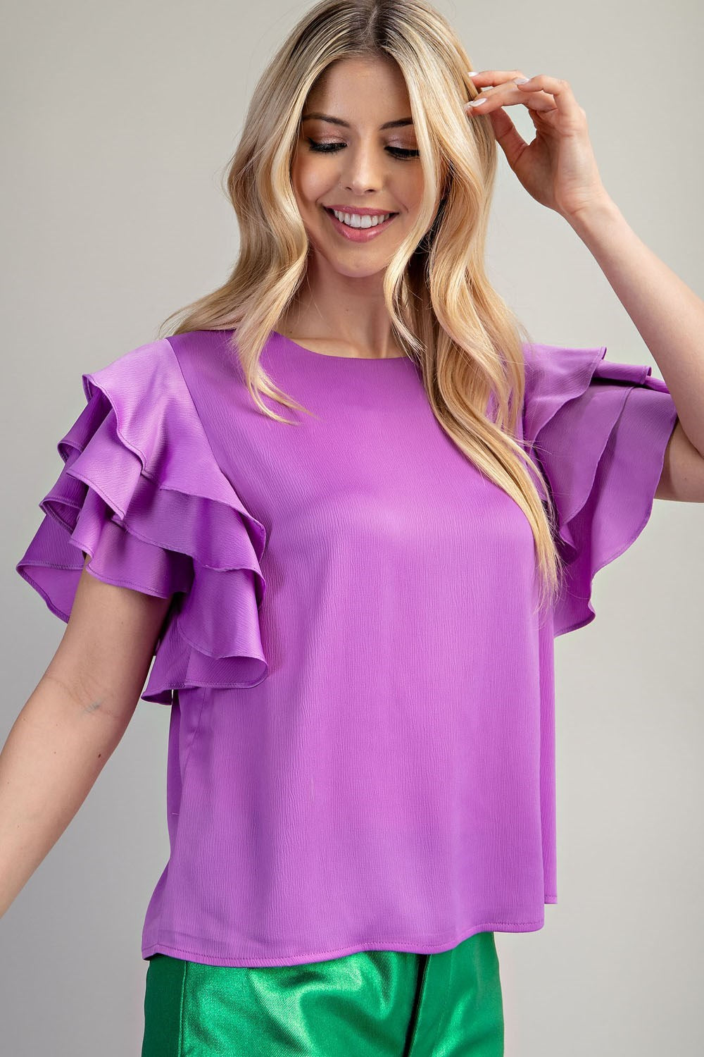 Round Neck Ruffle Sleeve Satin Top