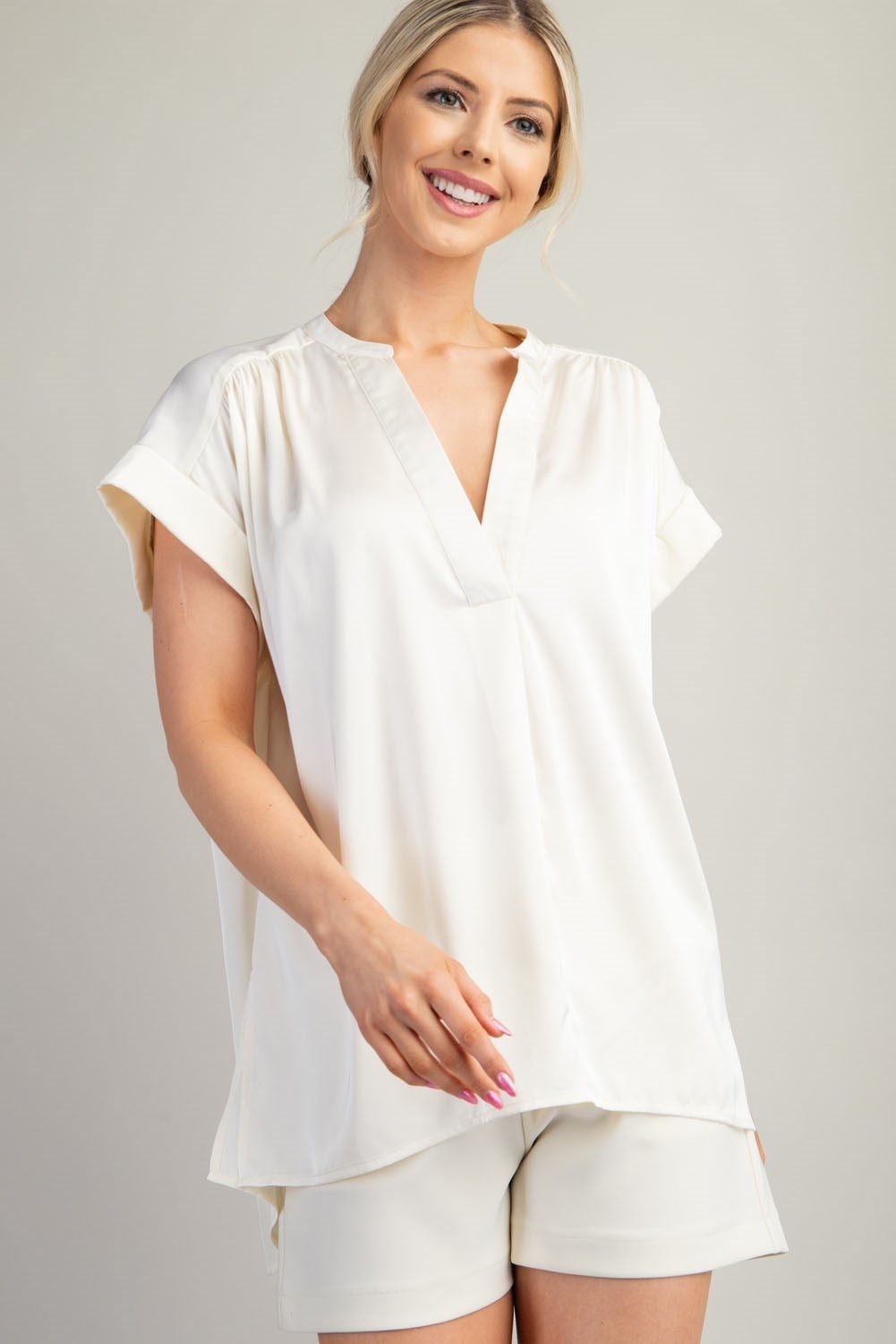 V-Neck Satin Placket Top