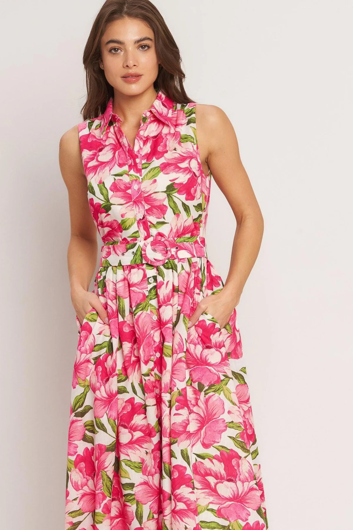 PINK PARADISE WOVEN MIDI DRESS