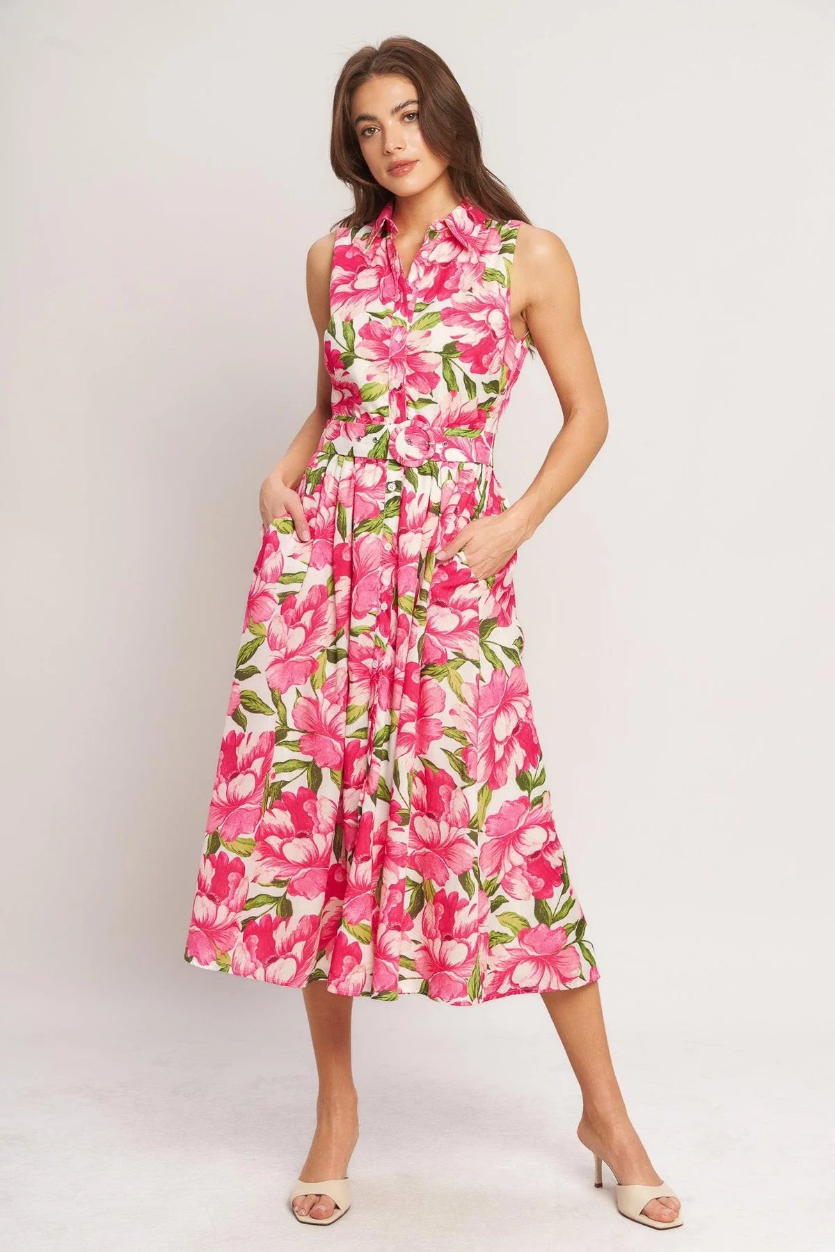 PINK PARADISE WOVEN MIDI DRESS