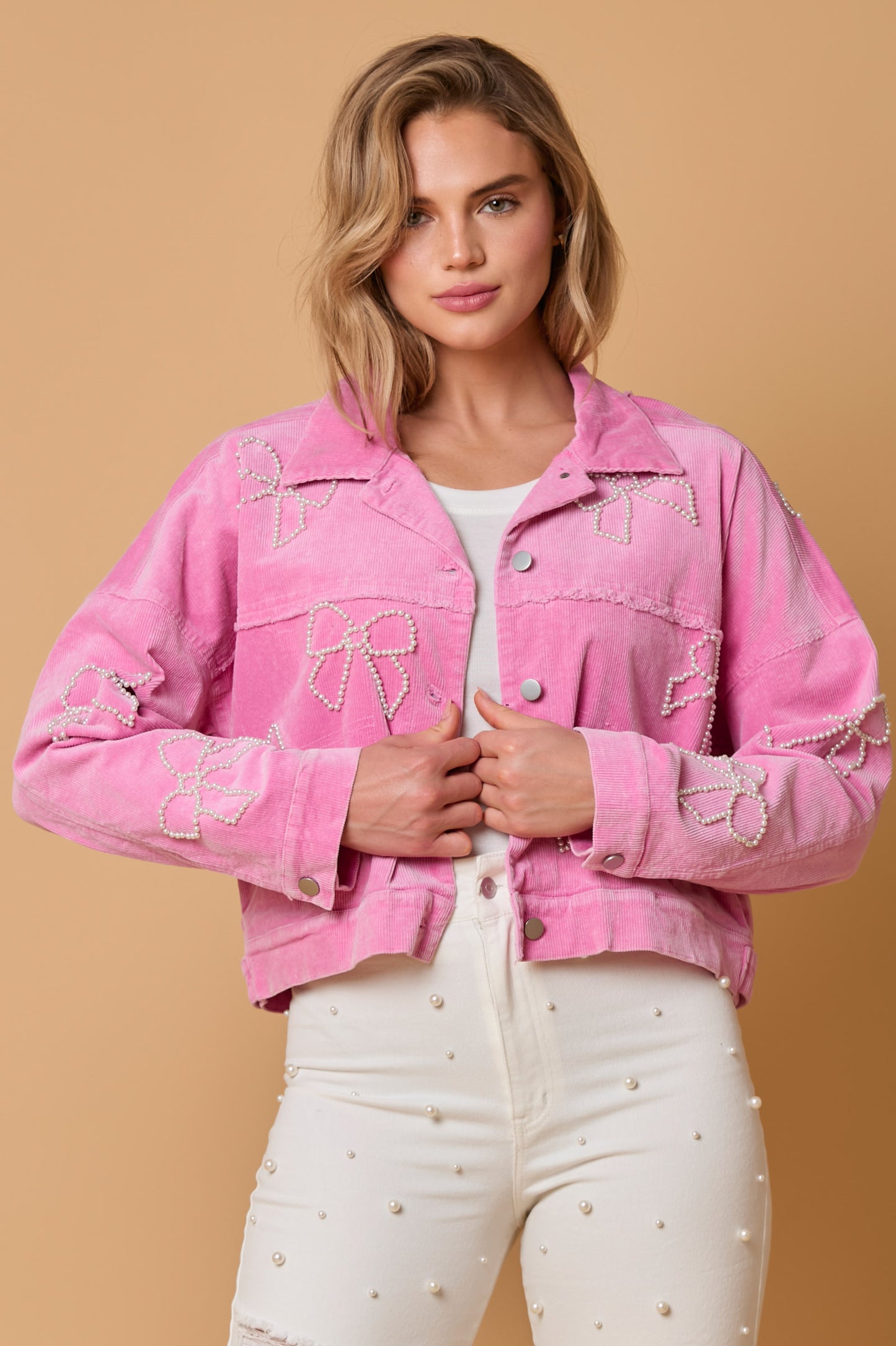 Corduroy Jacket with Pearl Bow