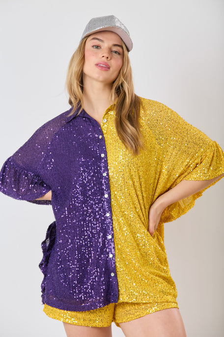 Color Block Sequins Poncho Down Top W/ Side Ruffle