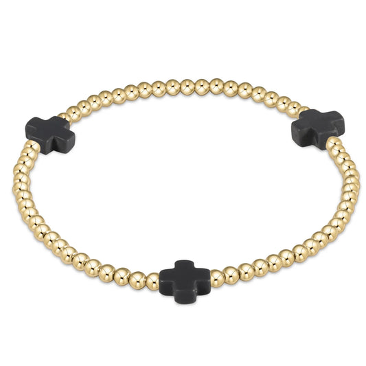 signature cross gold pattern 3mm bead bracelet -Onyx
