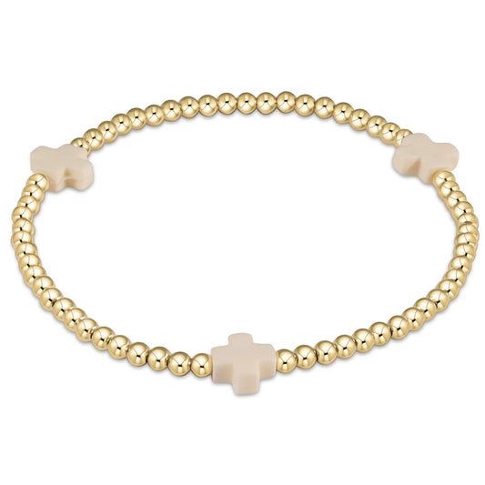 signature cross gold pattern 3mm bead bracelet - White Extends