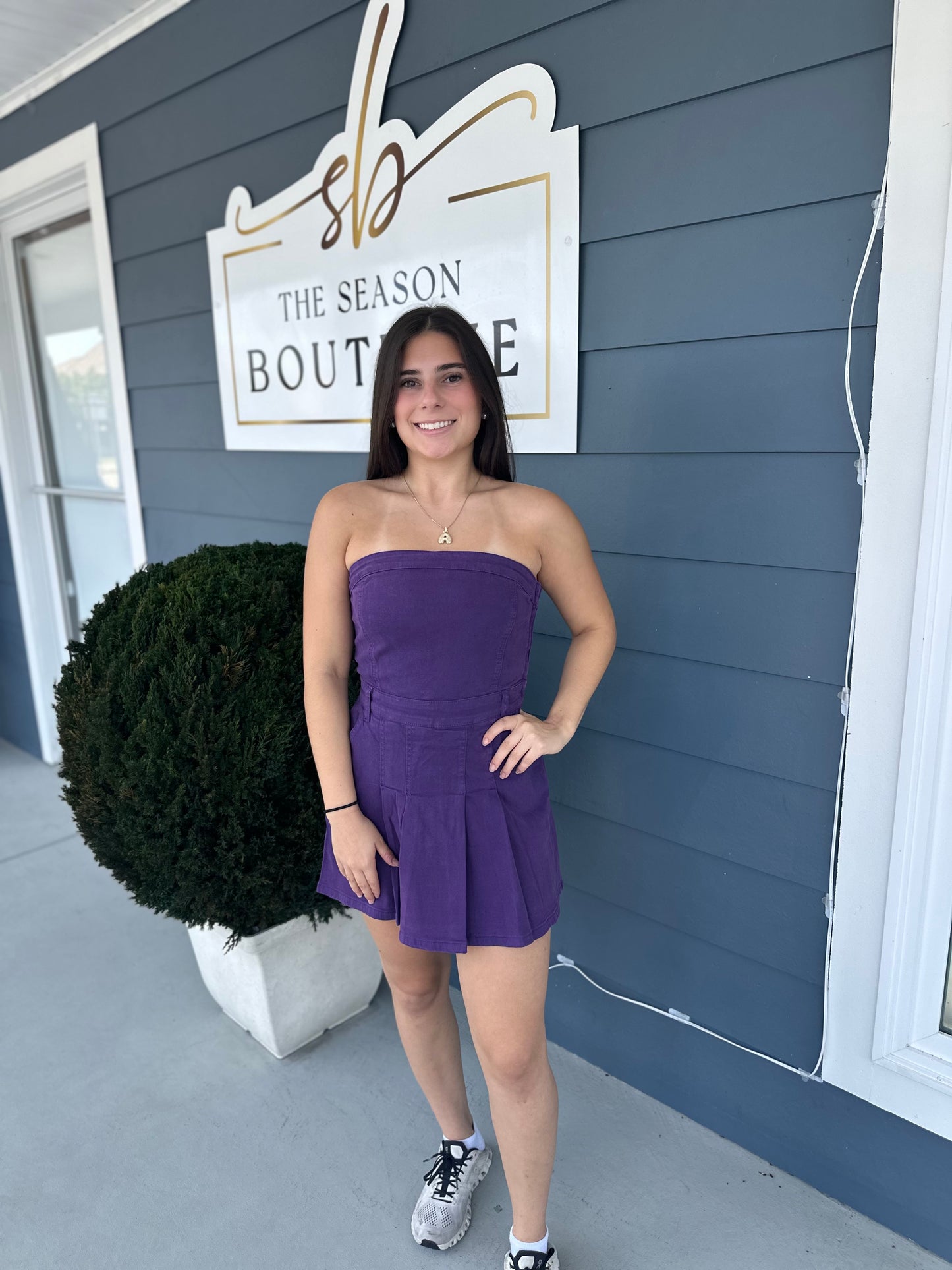 Purple Strapless Denim Romper Dress w/ Pleats