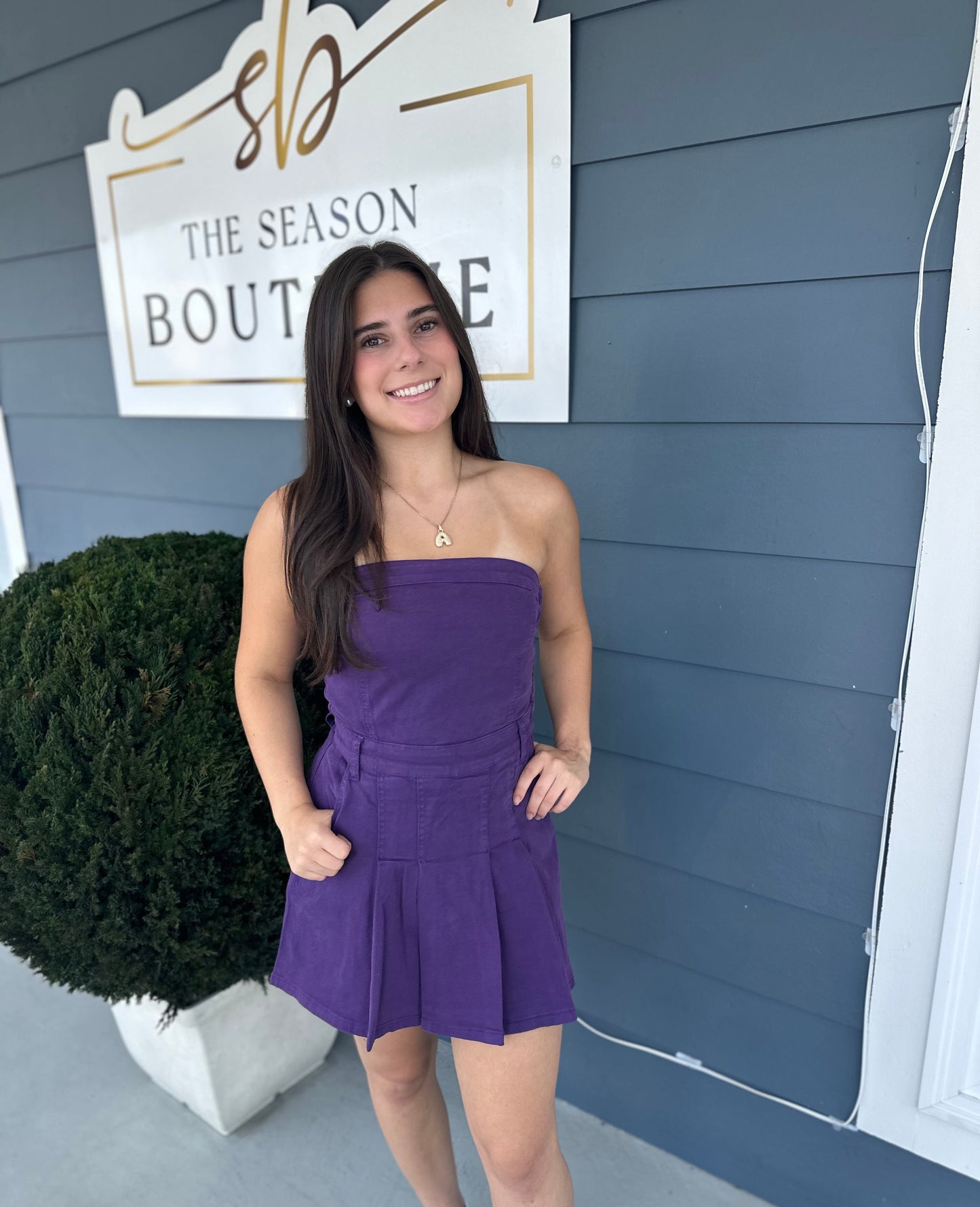 Purple Strapless Denim Romper Dress w/ Pleats