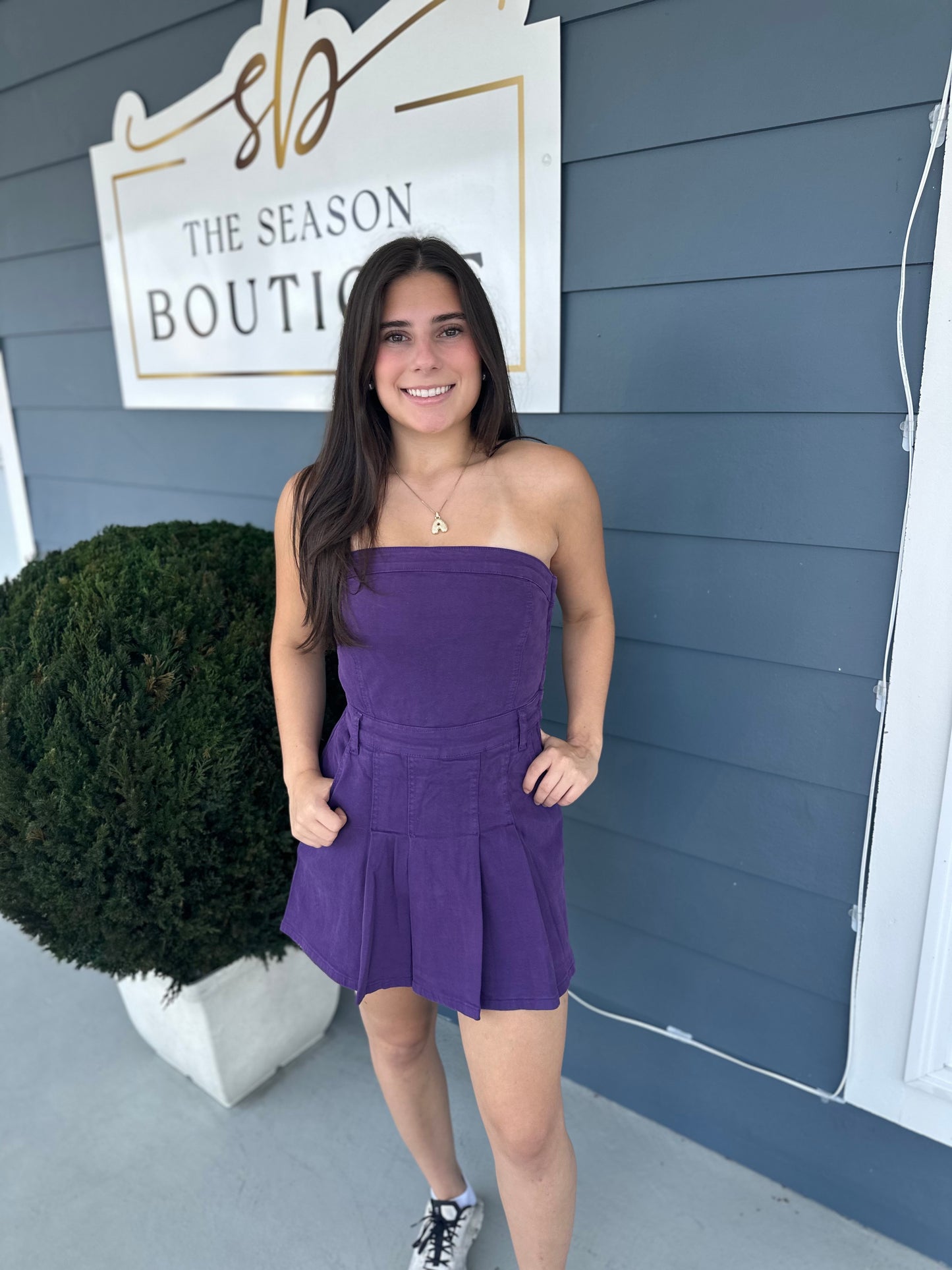 Purple Strapless Denim Romper Dress w/ Pleats