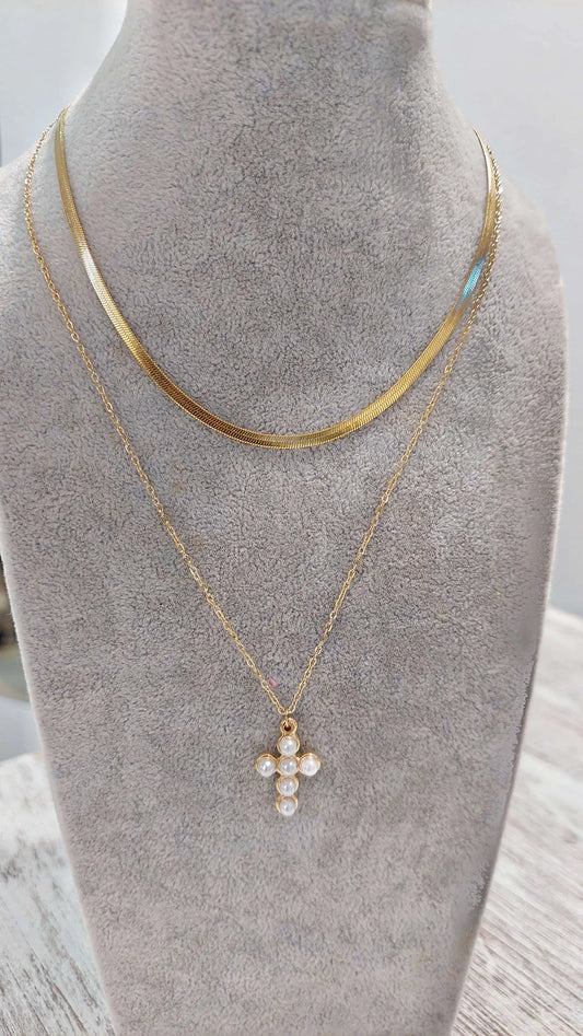 Double Necklace w/ Pearl Cross