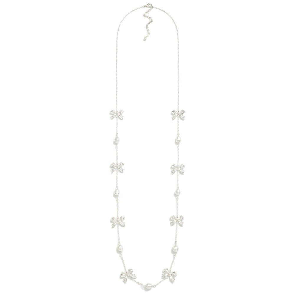 Pearl and Bow Long Necklace