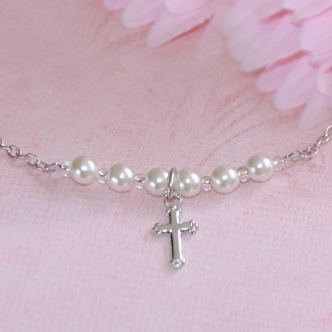 Glass Pearl and Rhodium Cross Necklace