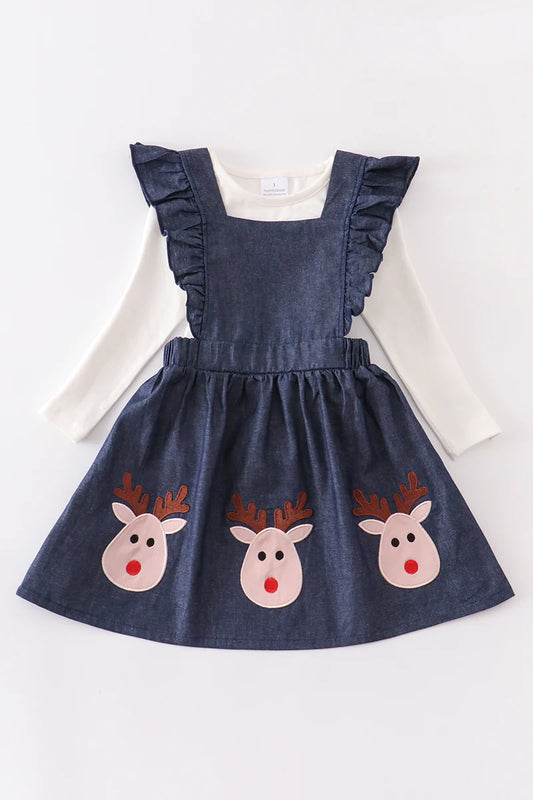 Navy Deer Denim Dress Set