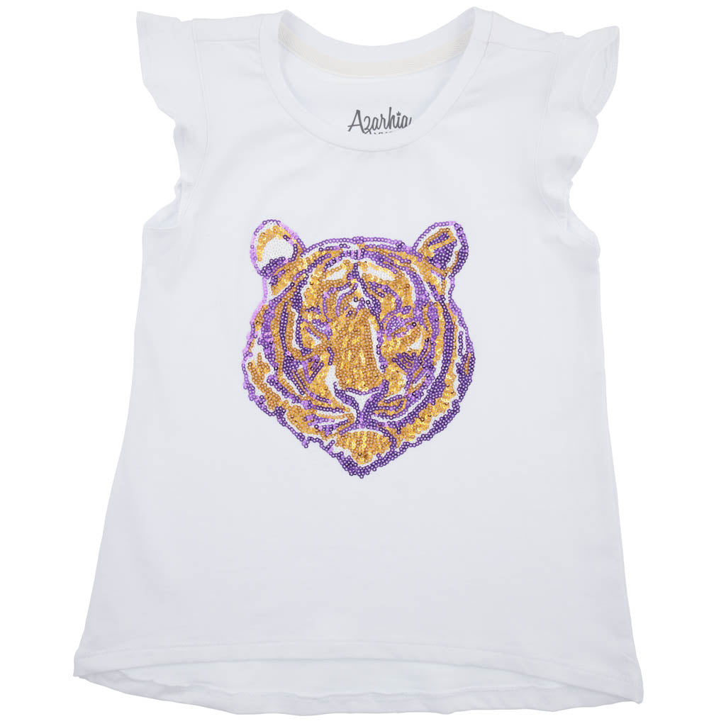 Purple Gold Sequin Tiger Face on White Ruffle Sleeve Shirt - The Season Boutique