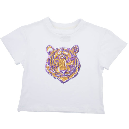 Sequin Tiger Face Purple & Gold Boxy T' in White - The Season Boutique