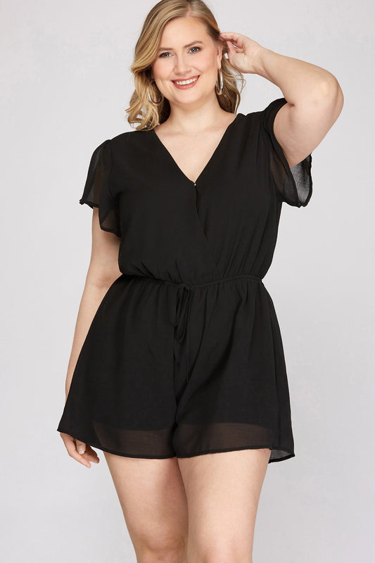 SHORT RUFFLED SLEEVE WOVEN TEXTURED ROMPER - The Season Boutique