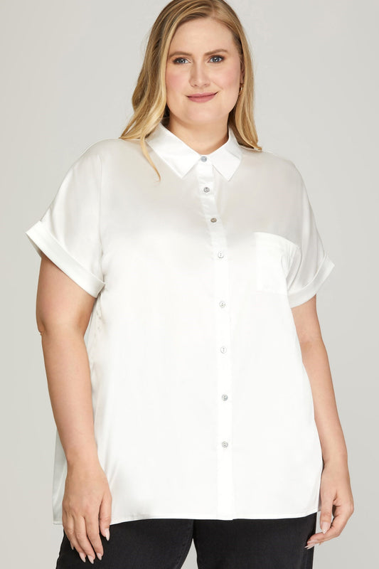 DROP SHOULDER BUTTON DOWN SATIN SHIRT - The Season Boutique