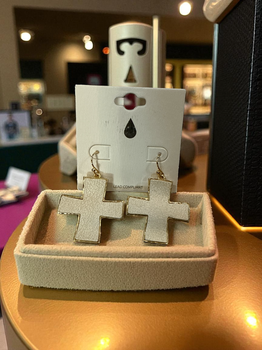 White Dangling Cross Earrings