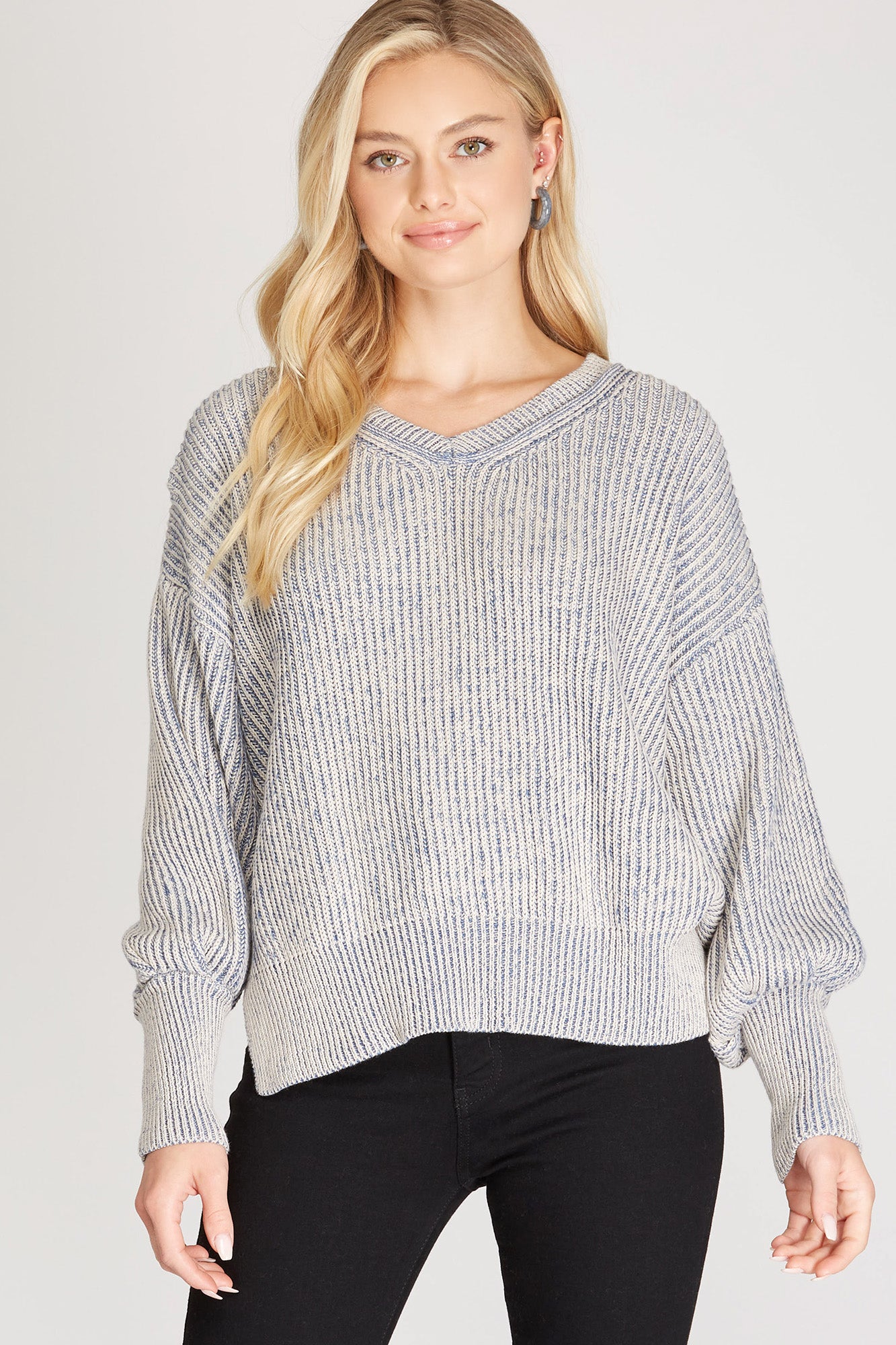 LONG SLEEVE TWO TONED KNIT SWEATER PULLOVER - The Season Boutique