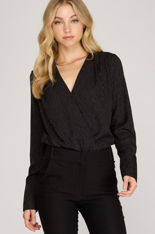 LONG SLEEVE WOVEN JACQUARD SATIN BODYSUIT WITH SNAP CLOSURE - The Season Boutique