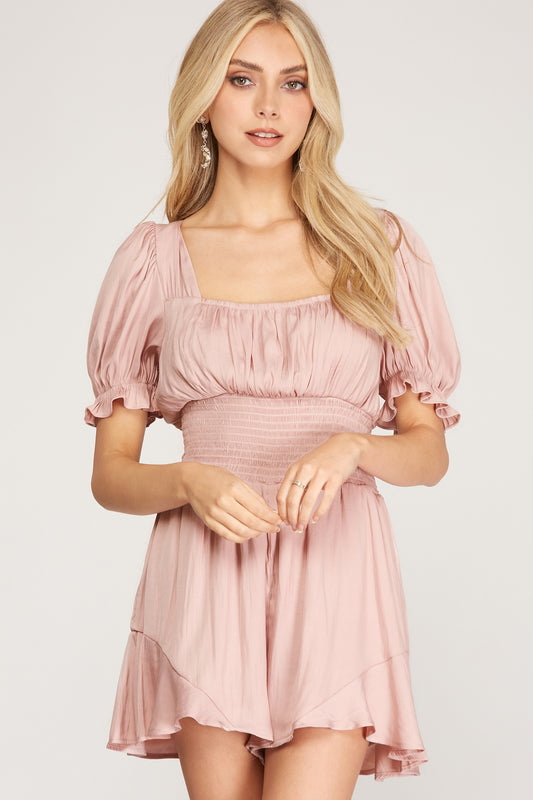 SHORT SLEEVE WOVEN ROMPER WITH SMOCKED WAIST - The Season Boutique