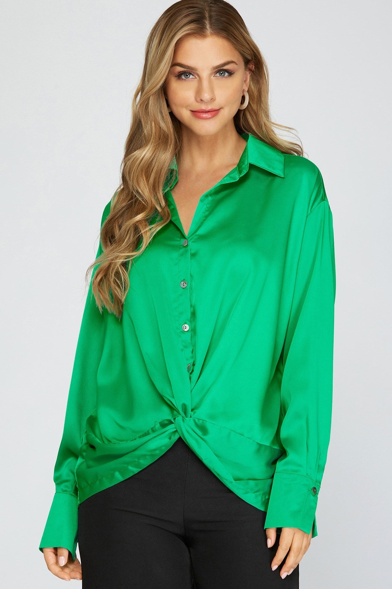 TWISTED BUTTON DOWN SATIN SHIRT - The Season Boutique