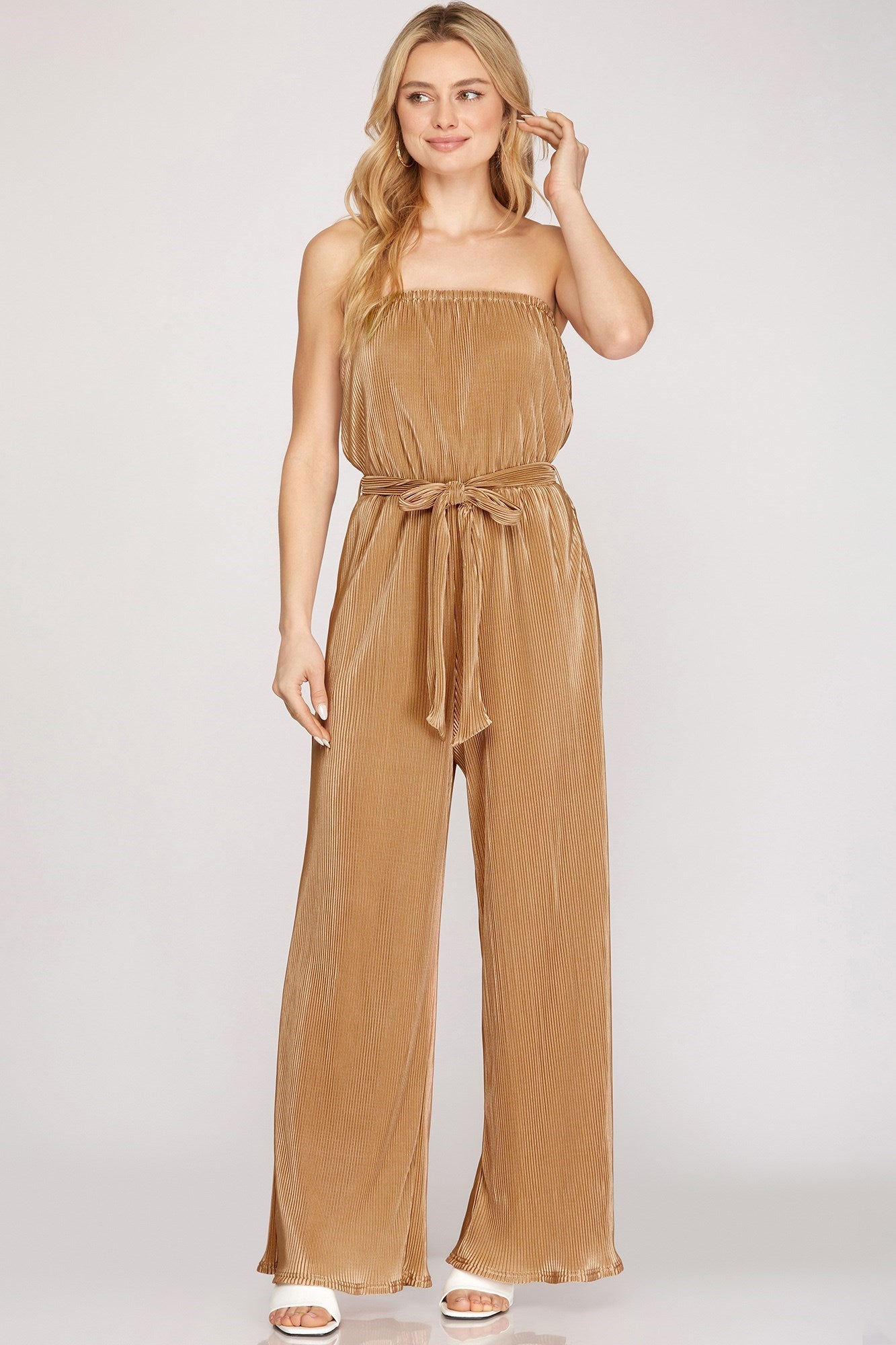 PLISSE WOVEN TUBE JUMPSUIT WITH WAIST TIE - The Season Boutique