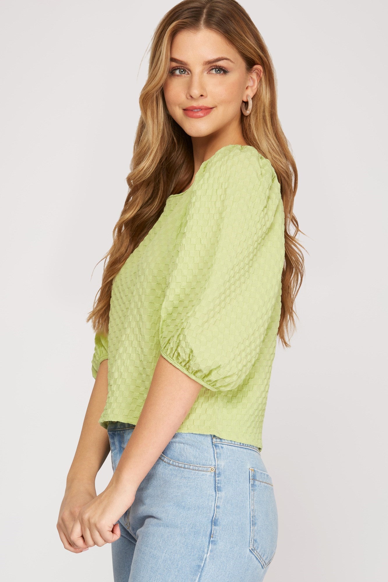 Half Puff Sleeve Textured Knit Top