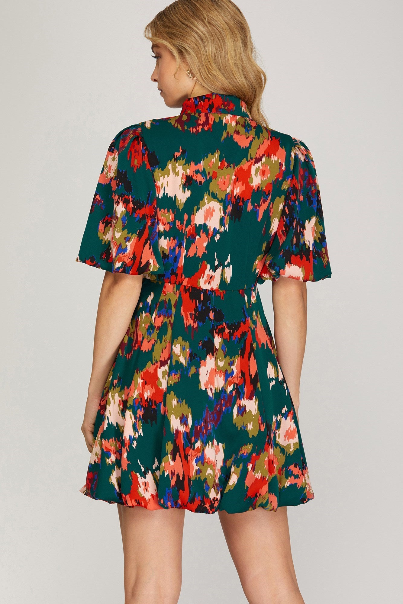 BUBBLE SLEEVE BUTTON DOWN PRINTED WOVEN DRESS WITH BUBBLE SKIRT HEM - The Season Boutique