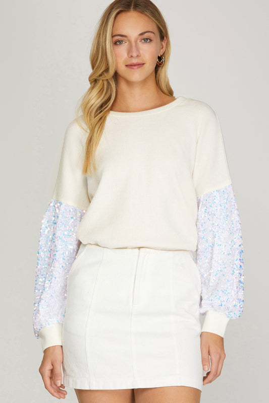 SEQUIN CONTRAST LONG PUFF SLEEVE KNIT TOP - The Season Boutique