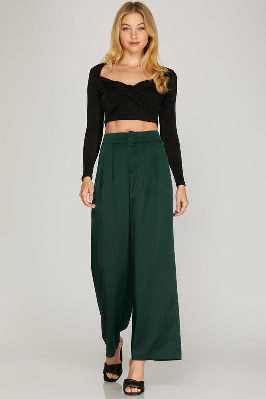 SATIN LONG PANTS WITH PLEATS - The Season Boutique