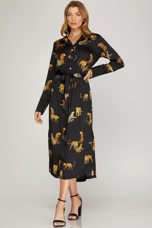 LONG SLEEVE BUTTON DOWN SATIN MIDI DRESS WITH JAGUAR PRINT - The Season Boutique