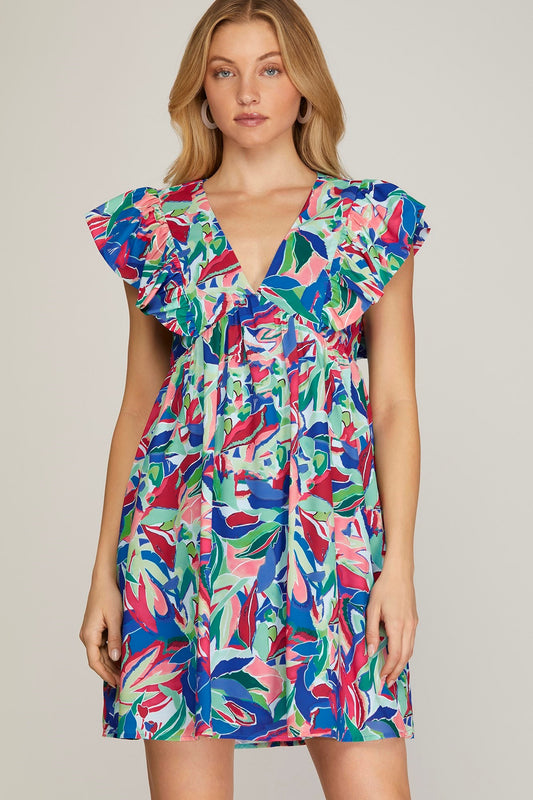 V-Neck Ruffle Should Print Dress