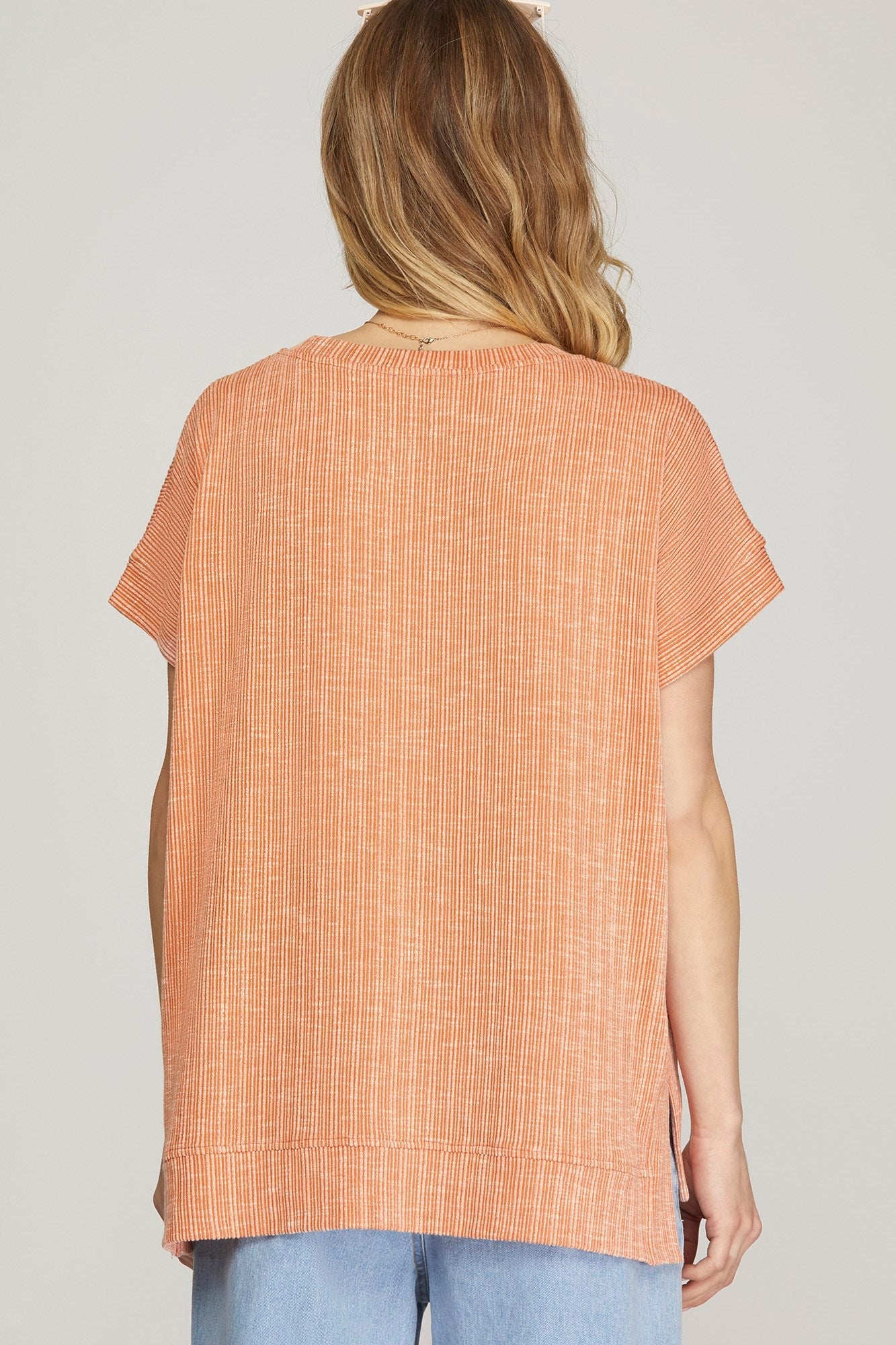 Pumpkin Short Sleeve Ribbed Knit Top