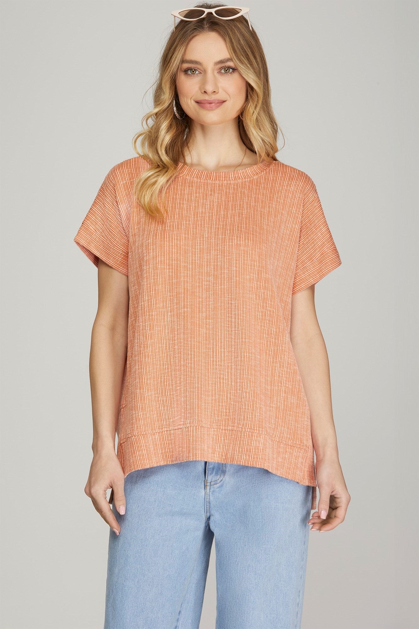 Pumpkin Short Sleeve Ribbed Knit Top