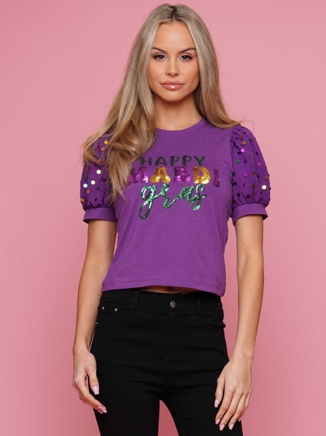 Mardi Gras Puff Sleeve Top