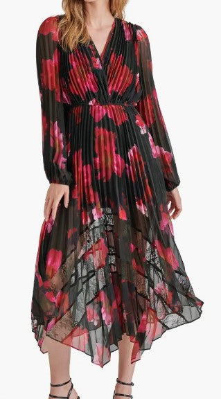 Ari Floral Pleated Long Sleeve Chiffon Dress