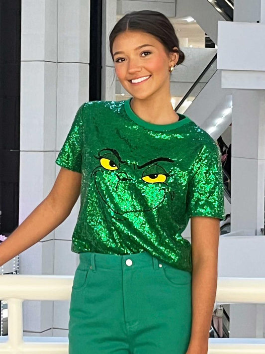 Grinch face sequin top