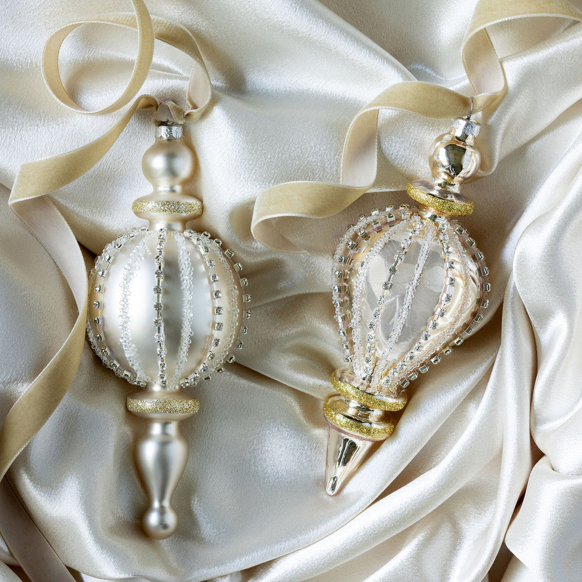 Rhinestone Pattern Frosted Glass Finial Ornament, 2 Assorted Styles - The Season Boutique