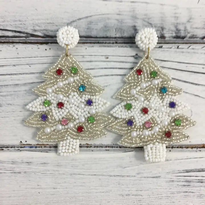 Beaded White Xmas Tree Earrings