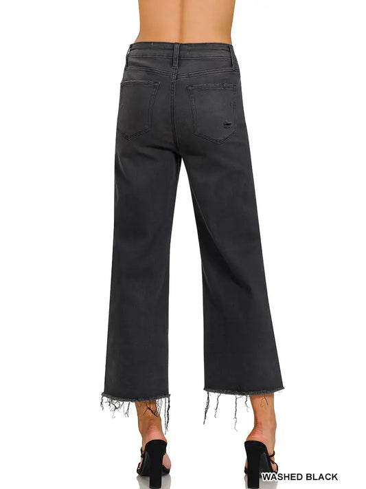 High Rise Washed Black Cropped Jean Pants