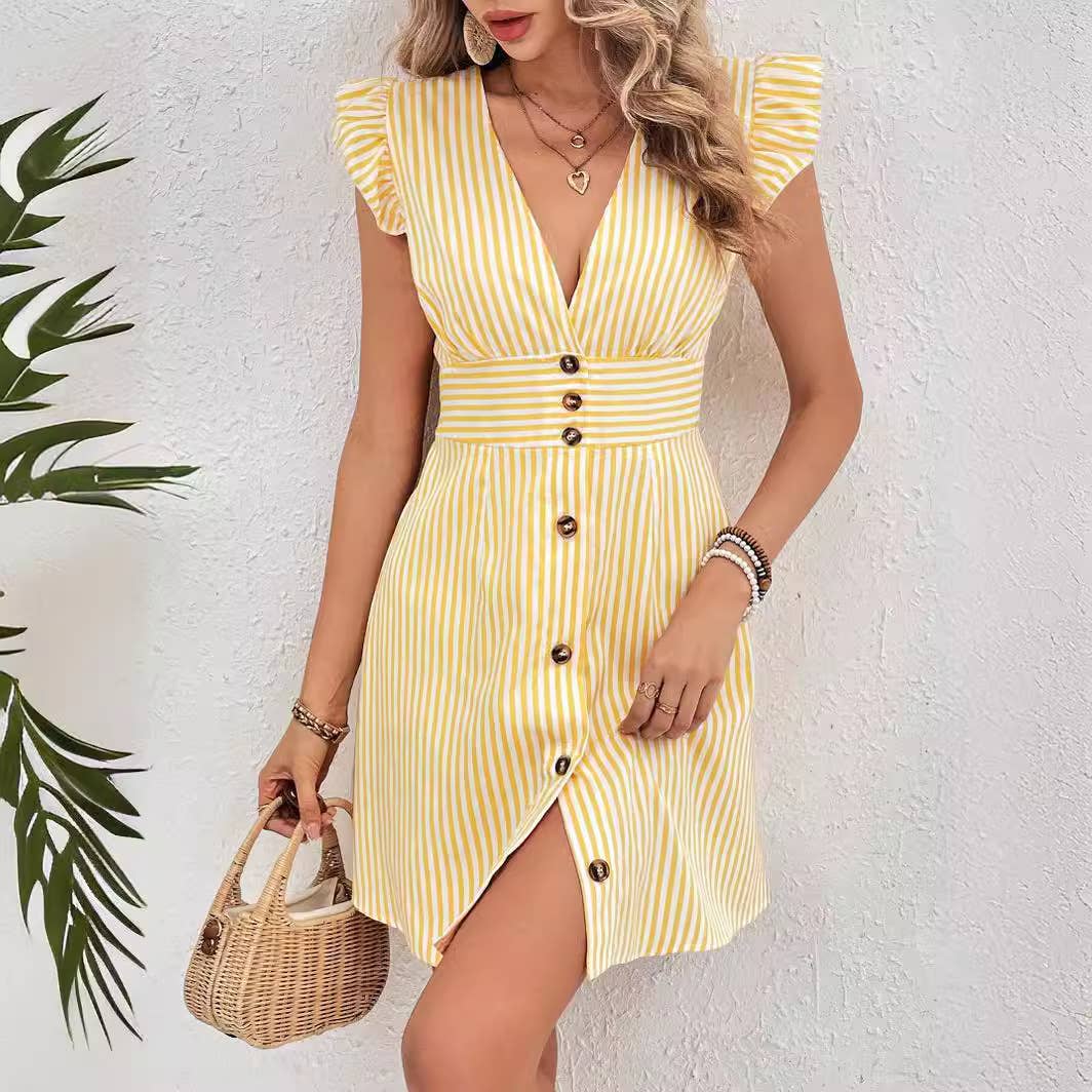 Yellow Striped Print V-Neck Flutter Sleeve Dress