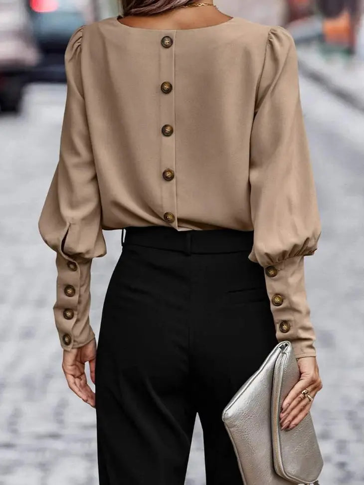 Plain Button Back Cuffed Puff Sleeve Blouse