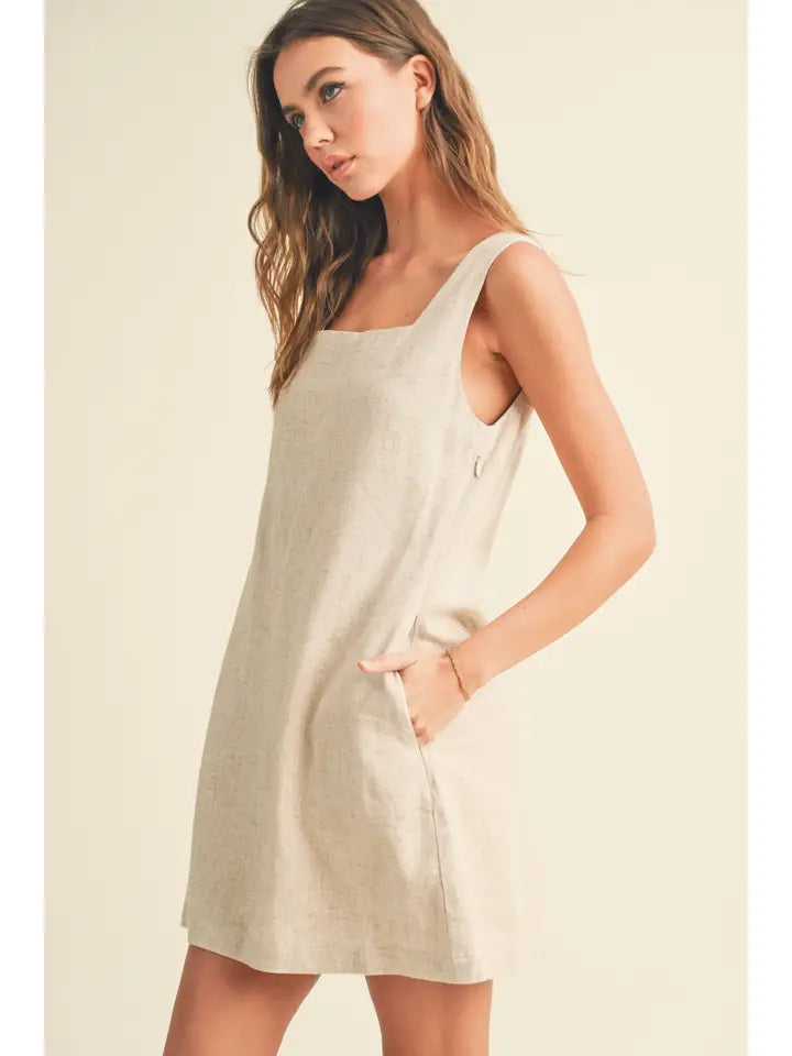 Linen Square Neck Pattern Mini Dress