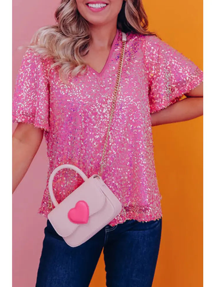 Sequin Short Sleeve V-Neck Top