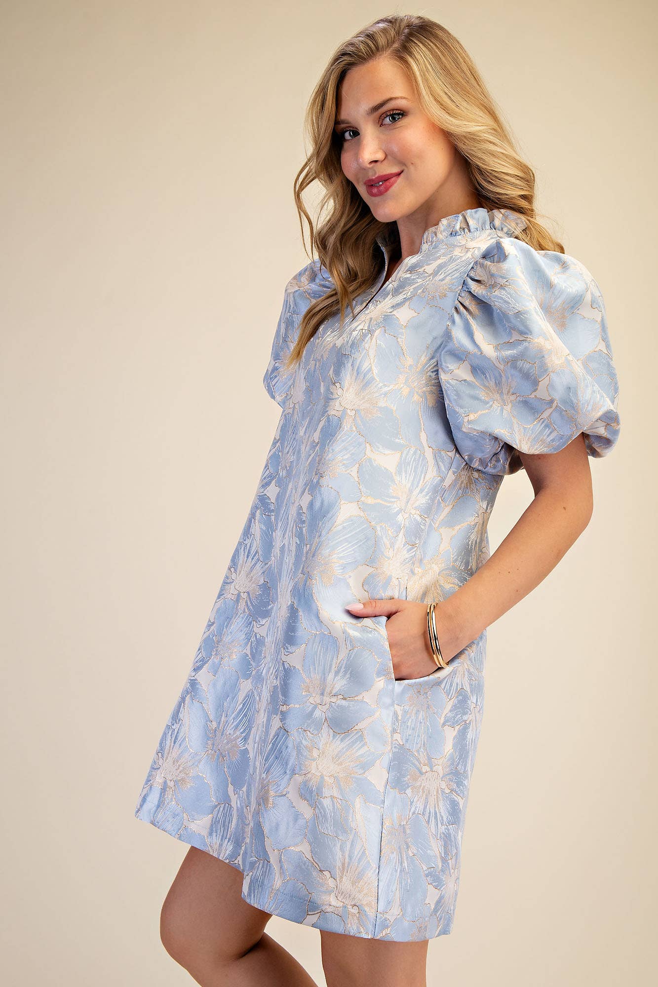 Ruffle V-Neck Puff Sleeve Mini Dress Sage