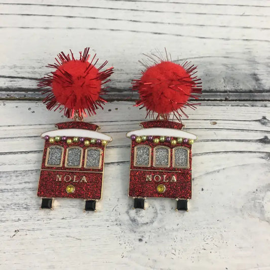 Red Glitter Streetcar Pom Earrings