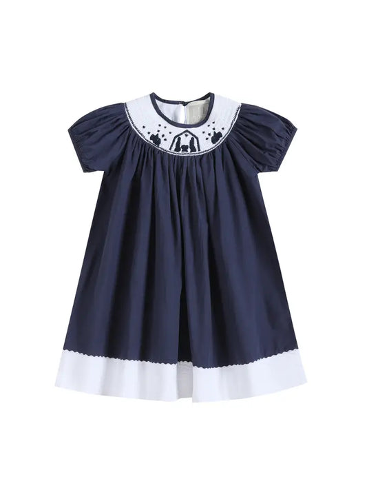 Blue and White Christmas Nativity Smocked Bishop Dress